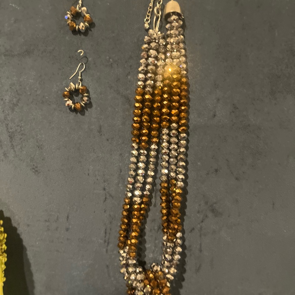 Elegant Gold and Silver Beaded Necklace and Earring Set